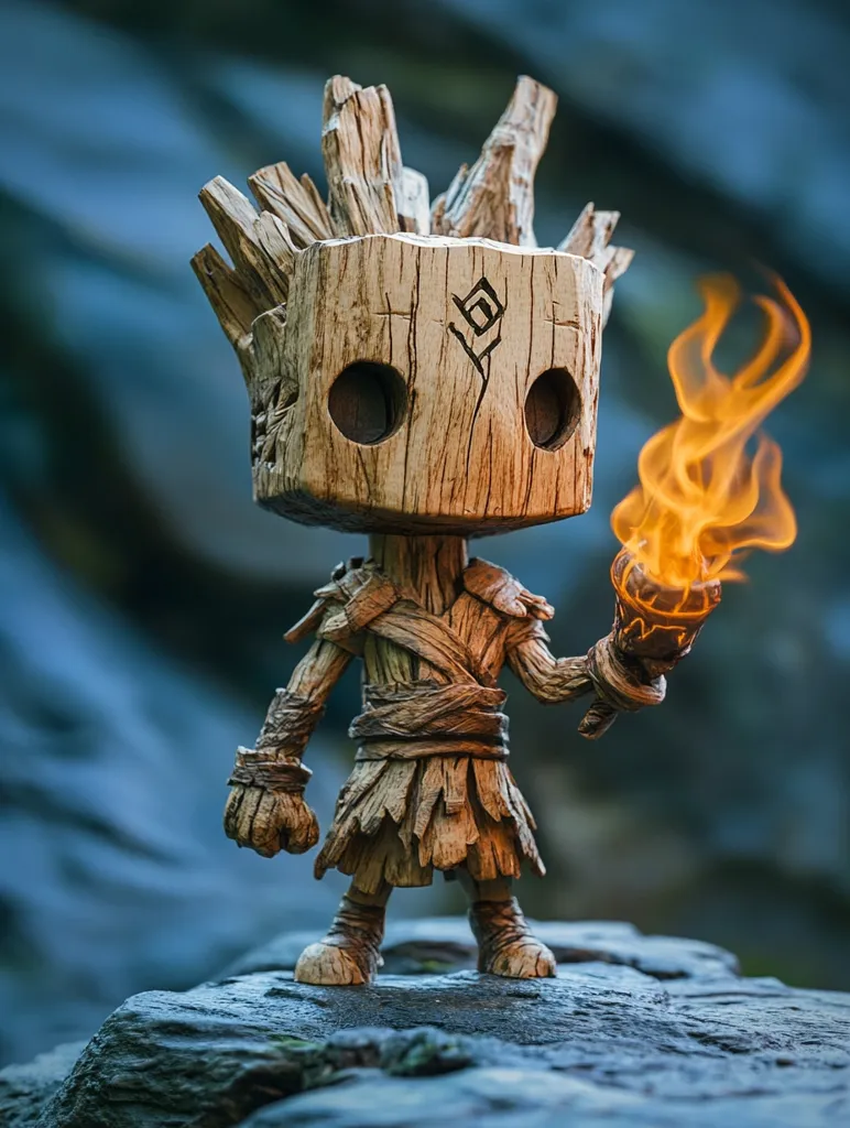 A wooden figurine of a humanoid figure stands on a rock, holding a flaming torch in its right hand. The figure has a square head with a carved face and a symbol on its forehead. Its body is made of rough, textured wood, and its legs are bent at the knees. The background is blurry, showing a hint of blue and green.  The image is likely a close-up, highlighting the intricate details of the figurine.