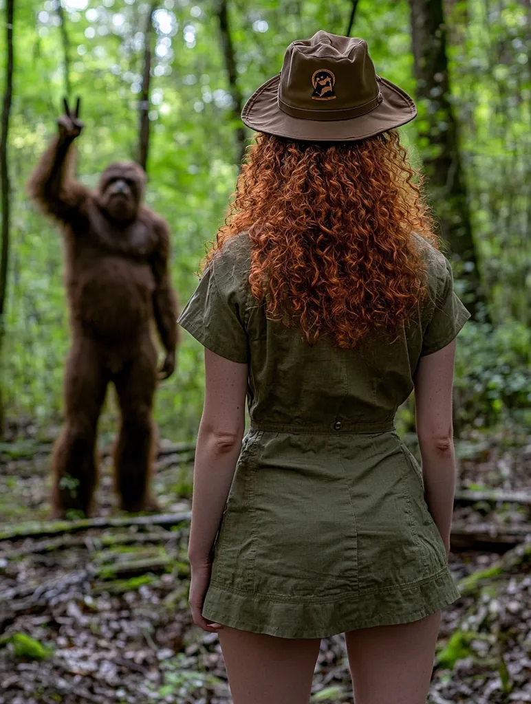 A young woman with long, curly red hair and wearing a green dress and brown hat stands in a forest, her back to the camera.  She is facing a large, hairy creature that is standing upright and waving. The creature appears to be a sasquatch. The scene is mysterious and suggests an encounter with the unknown.  The woman's expression is unreadable, as she stares ahead with a sense of trepidation.