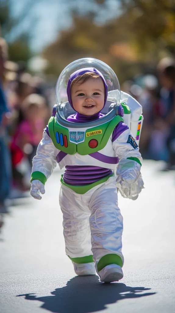 A young child dressed as Buzz Lightyear from Toy Story walks down a street. The child is wearing a white and green spacesuit with purple accents. The child is smiling and looking down at the ground. There are other people blurred in the background. The photo is taken from a low angle, making the child appear larger than life.  The overall feeling of the photo is happy and carefree.