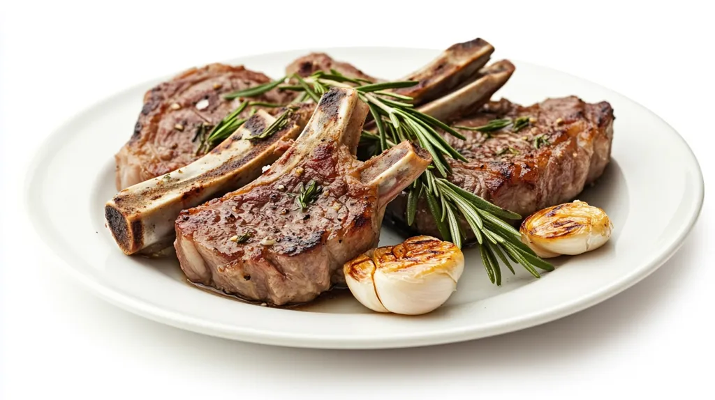 A white plate sits on a white background with a serving of grilled lamb chops. The chops are cooked to a perfect medium-rare, with a crispy exterior and juicy interior. The lamb is garnished with sprigs of rosemary and roasted garlic cloves. The image is a beautiful representation of a delicious and satisfying meal.