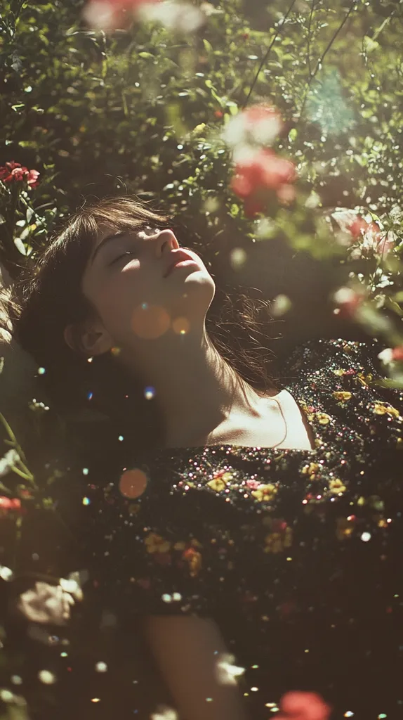A young woman with long dark hair lies on her back amidst a bed of green foliage and pink flowers. Her eyes are closed, and she appears to be asleep or in a state of deep relaxation. The sunlight shines through the leaves, creating a dreamy and ethereal atmosphere. The woman's dark clothing blends with the surrounding greenery, creating a sense of unity with nature.