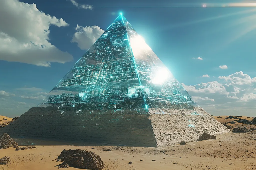 A large, glass pyramid stands in a desert landscape. The pyramid is made of clear glass, and it reflects the sky and clouds above. The pyramid is surrounded by sand and rocks, and the sun is shining brightly.  The pyramid appears to be made of a complex series of glowing lines, possibly some type of advanced technology.  It gives the impression of an ancient alien structure that has been left behind.