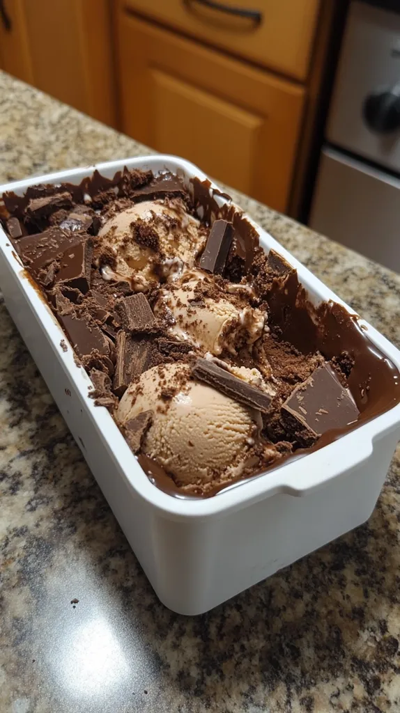 A white container filled with chocolate ice cream and chocolate shavings. The ice cream is topped with chocolate shavings and pieces of chocolate. The container is sitting on a brown countertop. The background shows a kitchen with cabinets and appliances. The ice cream looks delicious and decadent.