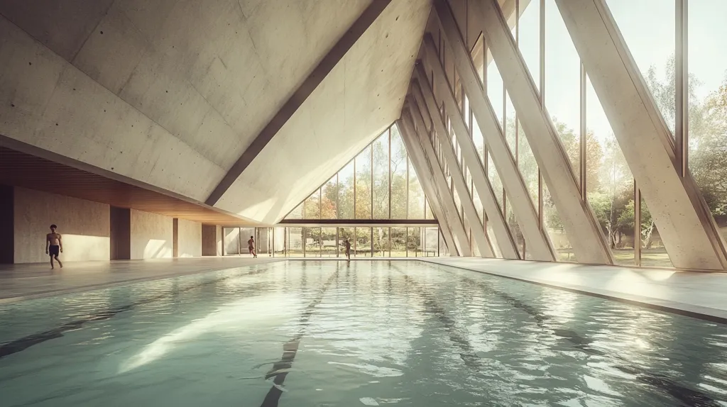 A large indoor swimming pool with a concrete ceiling that forms a series of triangular shapes.  The pool is surrounded by large windows that look out onto a wooded area. The sunlight streams in, creating a warm and inviting atmosphere.  Two figures can be seen walking by the pool.  The scene is calm and serene, evoking a sense of peace and tranquility.