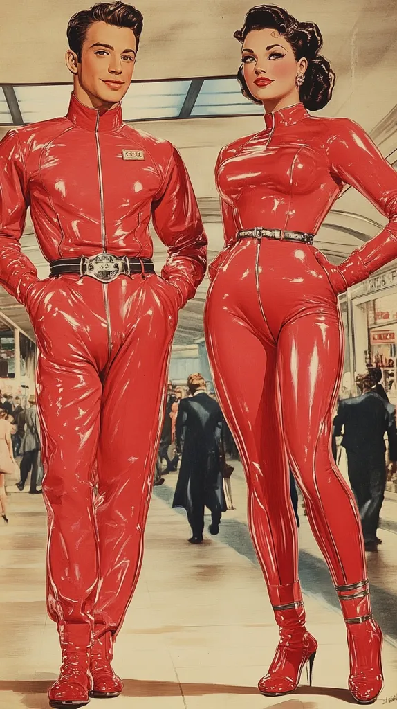 A man and a woman in matching red, shiny, one-piece outfits stand on a tiled floor in a futuristic-looking indoor setting. The man has a serious expression and is looking straight ahead, while the woman has a playful, seductive look and is glancing slightly over her shoulder. They both have belts around their waists and are wearing high-heeled boots. The image is likely from a science fiction or fantasy story.