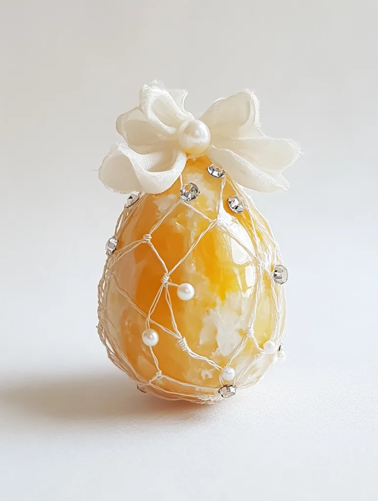 A yellow egg is wrapped in a delicate white net and adorned with a white satin bow and small pearl accents. The egg is sitting on a white background. The net, bow, and pearl accents give the egg an elegant and festive appearance, suggesting it may be a decorative object for a special occasion.