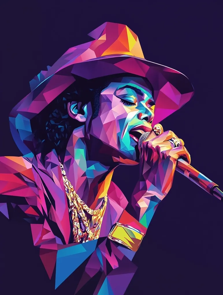 A vibrant, polygonal portrait of a person with a wide-brimmed hat, singing into a microphone. Their face is illuminated in shades of blue and green, with their hat and clothing showing a mix of pink, purple, and yellow. The image has a dynamic, almost explosive energy, with the artist's expression focused and determined. The background is a deep purple, which contrasts with the bright colors of the subject.  The overall effect is a bold and visually impactful representation of music and performance.