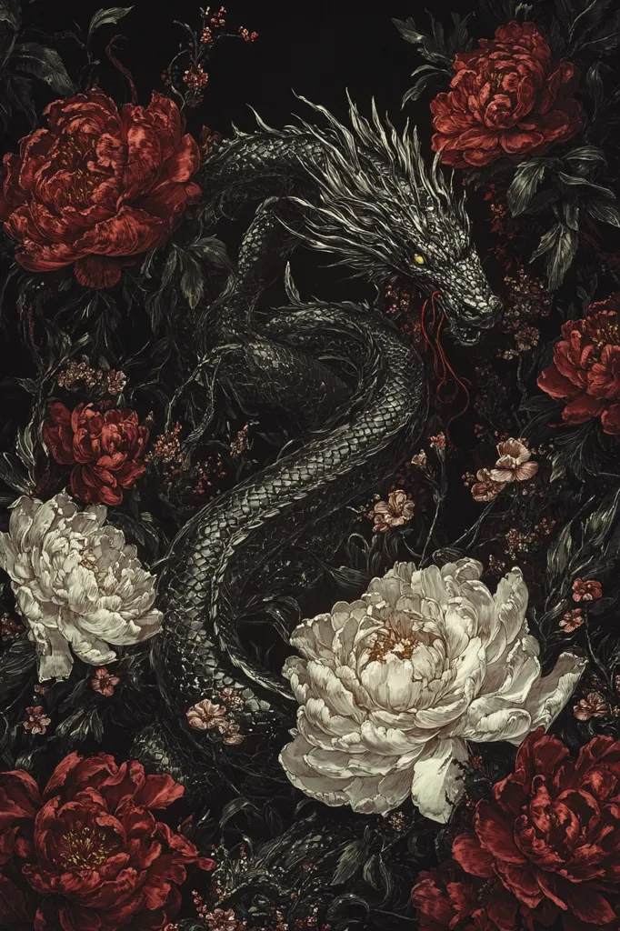 A black dragon is coiled among a bed of crimson and white peonies. The dragon's scales are detailed and its eyes are piercing. The flowers are vibrant and realistic, with delicate petals and stems. The image evokes a sense of mystery and beauty, with the dragon and flowers both contrasting and complementing each other. The dark background creates a sense of depth and intrigue.