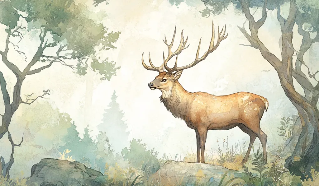 The illustration depicts a large stag with antlers standing on a rock in a misty forest. The stag is facing left, and its body is painted in a warm brown with lighter spots.  The background is blurred, showing tall trees and foliage in a watercolor style. The overall impression is one of peace and tranquility.