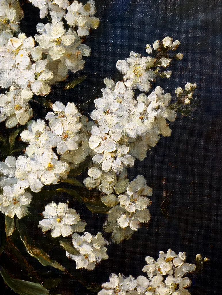 A close-up oil painting of white flowers against a dark background. The flowers are clustered together, creating a sense of fullness and abundance. The dark background highlights the delicate beauty of the blossoms.  The brushstrokes are visible, adding texture and depth to the painting.  The artist has captured the fleeting beauty of the flowers, evoking a sense of tranquility and grace.