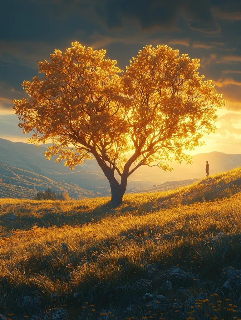 A lone figure stands on a grassy hillside bathed in warm, golden light. A large tree with vibrant yellow leaves dominates the foreground, creating a heart-shaped silhouette against the hazy sky. The hills in the background are shrouded in a gentle mist, adding a sense of tranquility to the scene. The overall impression is one of peace, solitude, and the beauty of nature's embrace.