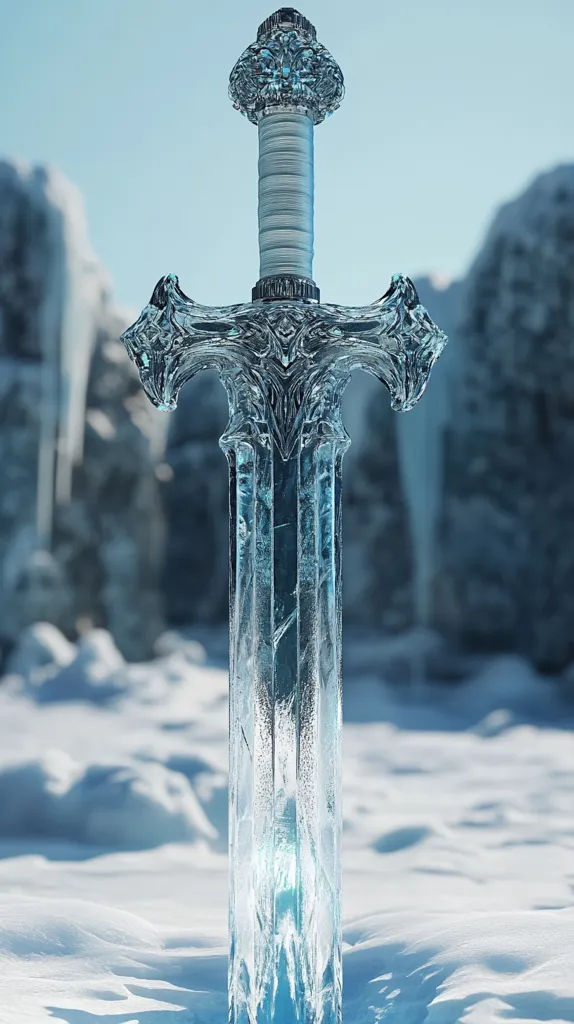 A large, ornate sword is crafted entirely of ice, standing upright in a snowy landscape. Its intricate details and crystal-like structure are visible, reflecting the surrounding light. The sword appears frozen in time, a testament to the power and beauty of nature's artistry. The background is blurred, suggesting a vast, cold environment.