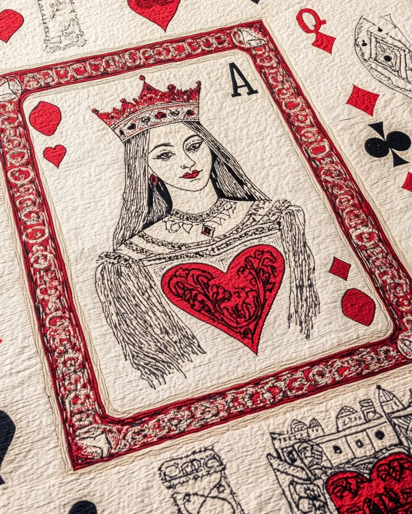 The image shows a tapestry with a Queen of Hearts card in the center. The Queen is depicted in a lavish gown with a crown on her head and a heart-shaped pendant. The card is surrounded by a red and white border, and the background is filled with other playing card motifs. The overall effect is whimsical and charming.