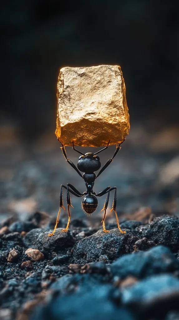 A black ant, with golden-brown legs, is holding up a large, golden rock above its head.  The ant stands on a bed of small, dark rocks and is in focus while the background is slightly blurry.  The image is a close-up, highlighting the strength and determination of this tiny creature.
