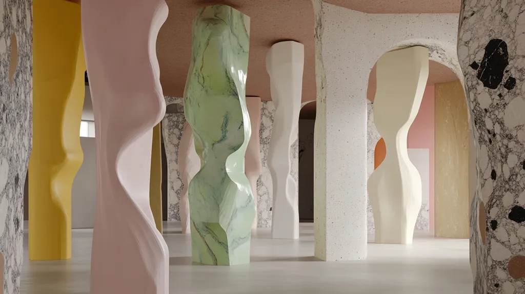 A room with a minimalist design featuring a series of abstract,  freeform columns.  The columns are crafted from various materials, including a marbled green, a smooth white, and a speckled grey.  The room has a soft, neutral palette with pops of pink, yellow, and orange.  The irregular shapes of the columns create a dynamic and engaging visual experience.  The soft lighting adds a sense of tranquility to the space.