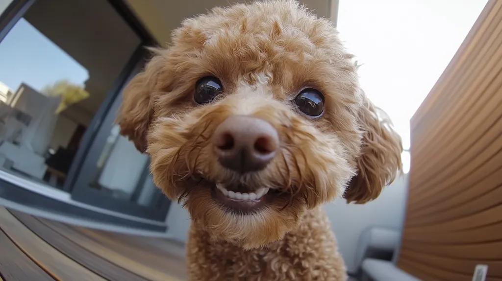 A small, brown and white poodle dog is looking directly at the camera with a big, toothy grin. It is standing on a wooden patio outside a building, with a wooden wall to the right and a glass door to the left. The photo is taken from a low angle, giving the dog a playful, almost comical perspective.
