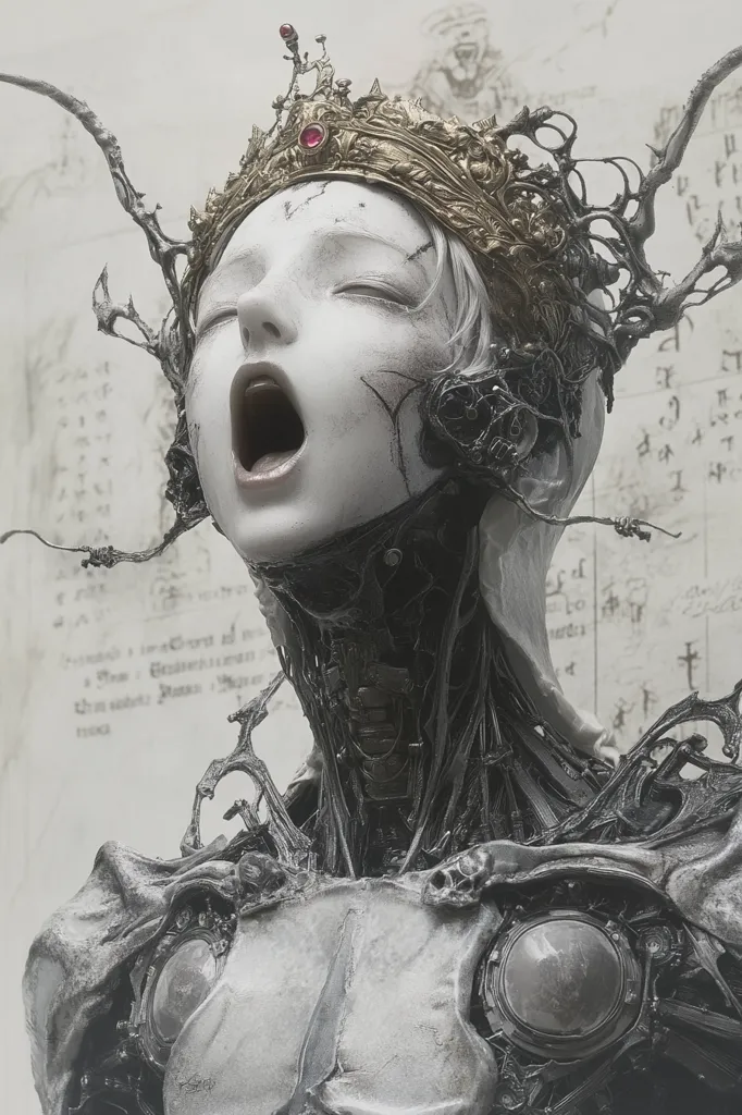 A close-up of a robotic figure's face, adorned with a crown and intricate metallic structures. The figure's mouth is open in a silent scream, revealing a mechanical interior. The background is a blurred image of parchment with illegible writing, suggesting a historical or scientific context. The composition creates a sense of both beauty and unease.