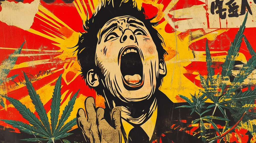 The image is a stylized, graphic illustration of a man with dark hair, a black suit, and a tie.  He has a wide-open mouth, with a wide smile, and is screaming.  He is surrounded by yellow and red colors, with the background behind him appearing to be a sunrise or explosion.  On the right side of the image is some green marijuana plants.  The style of the art suggests it is propaganda.  The image is designed to be edgy, and possibly controversial.  It is likely an advertisement for a brand or product, possibly related to drugs or illegal substances.