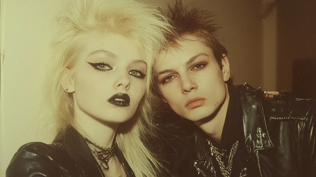 A young woman with blonde hair and heavy black eyeliner stares directly at the camera. She is wearing a black leather jacket and a choker necklace. A young man with dark hair is standing behind her, looking over her shoulder. He is wearing a black leather jacket and a silver chain. The photo is taken with a vintage filter.