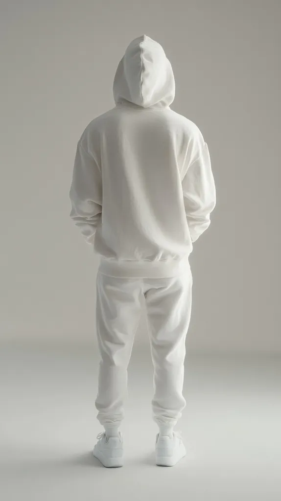 A person is wearing a white hoodie and white sweatpants. The person is standing with their back to the camera, and their hood is pulled up over their head. The person is wearing white sneakers. The background is a plain white wall. The image is minimalist and monochromatic. The person's clothing creates a clean, simple silhouette against the white backdrop.