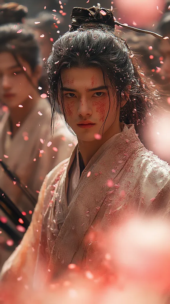 A young man with long black hair tied up in a bun, stands in front of a blurry background. He is wearing a white robe with a serious expression on his face, and pink flower petals are falling around him. The image has a dreamy, ethereal quality.