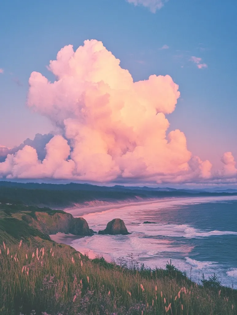 A large, fluffy pink cloud dominates the sky above a rugged coastline. The ocean stretches out before a grassy hill, with waves crashing on the shore. The soft, pastel hues of the sky and clouds create a dreamy and serene atmosphere.