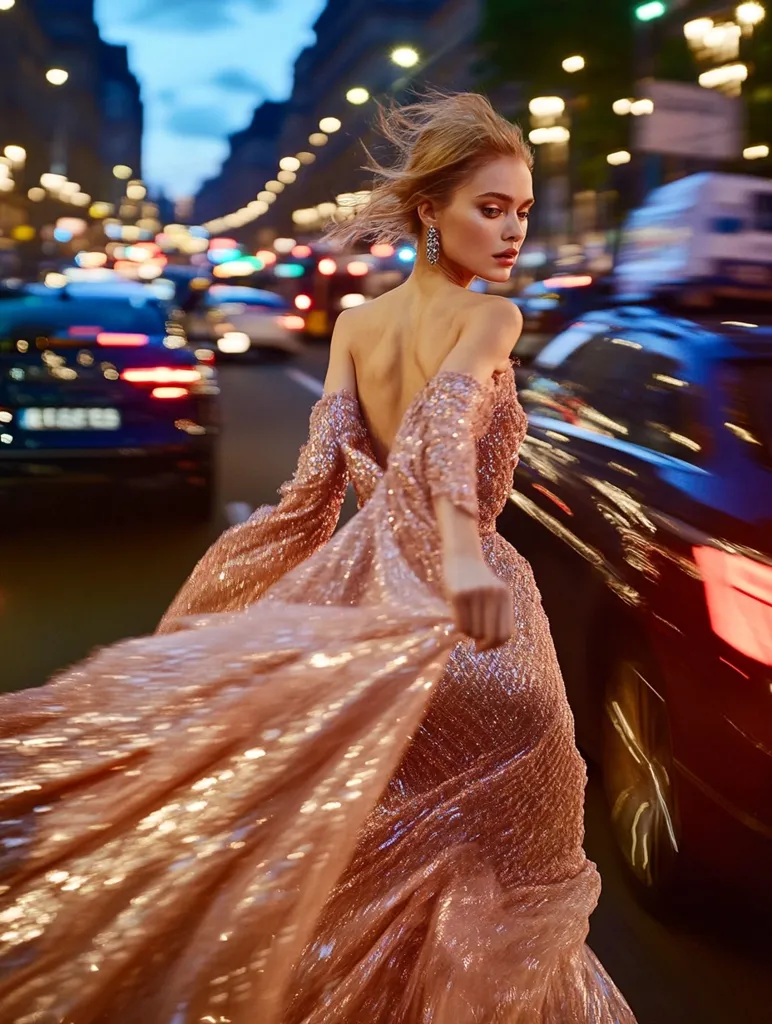 A woman in a sparkling pink gown walks through a busy city street at night. Her hair is blowing in the wind and she is holding the skirt of her dress as she walks. The city lights and traffic are blurred in the background.