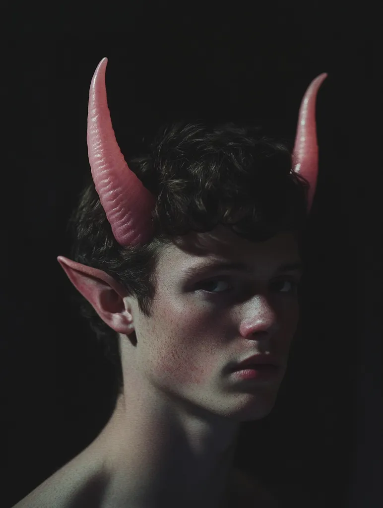 A young man with short, dark hair is wearing a pair of large, pink horns. His face is partially illuminated, showcasing a serious expression and prominent cheekbones. His ears are pointed, adding to the otherworldly appearance. The backdrop is a stark black, creating a dramatic contrast and emphasizing the man's features.  The image evokes a sense of mystery and intrigue.