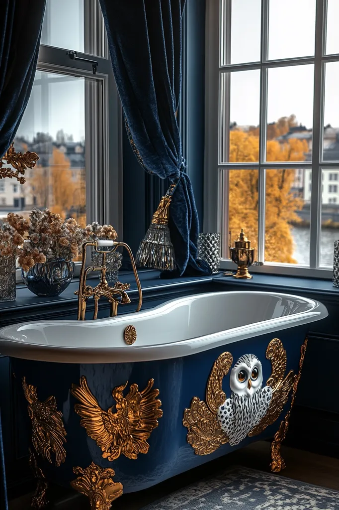 A luxurious bathroom with a blue clawfoot tub adorned with gold accents. The tub features an owl design and sits next to a window with a view of a fall-colored cityscape.  Blue velvet curtains frame the window, creating a sophisticated and cozy atmosphere.  A gold faucet sits on the tub, adding a touch of elegance.  Golden decorative objects can be seen on the windowsill, and a floral arrangement sits on the counter to the left of the tub. The overall design is opulent and elegant.