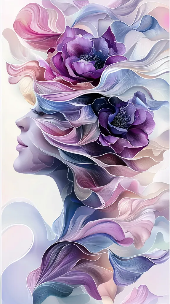 The image is an abstract portrait of a woman, formed by swirling petals and leaves in shades of purple, pink, and blue. The woman's face is partially obscured by the floral design, creating a sense of mystery and beauty. The image is suggestive of nature, femininity, and the transformative power of the human spirit.