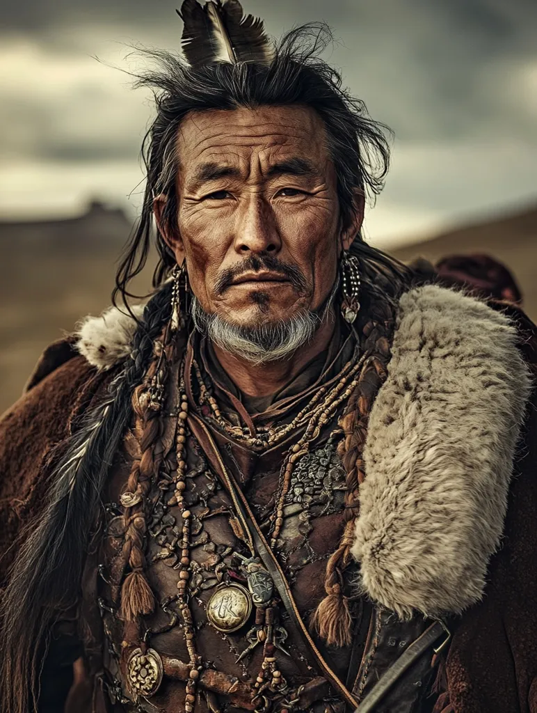 A man with long, braided hair and a feathered ornament in his hair is wearing a traditional fur-lined coat. He has numerous necklaces and other adornments around his neck. He stares intently at the camera with a serious expression. The man's weathered face suggests a life lived in the open air.