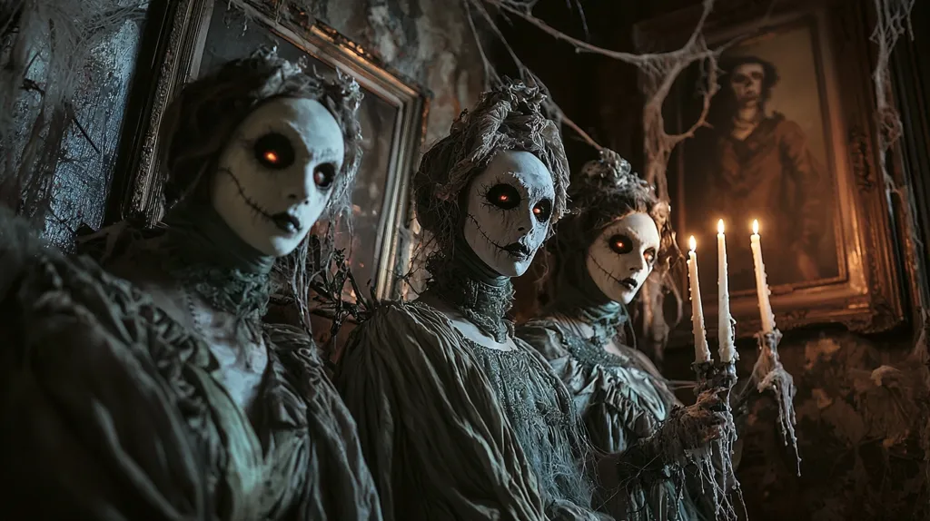 Three women with pale, unsettling faces and eerie red eyes stand in a dimly lit room, adorned in dark, tattered gowns. They hold candles, their flames casting flickering shadows on the walls. A haunting portrait of a figure hangs in the background, adding to the eerie atmosphere. The overall scene evokes a sense of gothic horror and the unsettling presence of the supernatural.