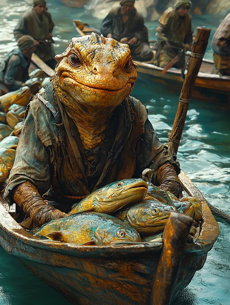 A reptilian creature with a toothy grin sits in a wooden boat filled with fish. He wears a tattered brown cloak and holds a long wooden oar. He is surrounded by rippling blue water and other boats in the distance, occupied by human figures. The image is from a fantasy setting, and it captures the essence of a mythical character in an aquatic world.