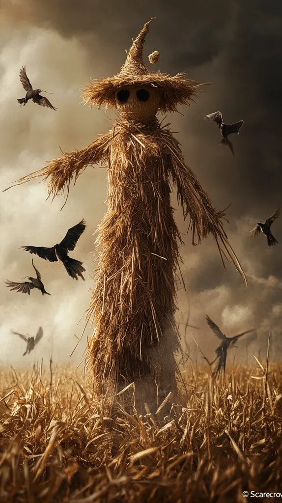 A tall, imposing scarecrow stands in a field of dry, brown grass, its straw body and large, pointed hat silhouetted against a cloudy sky. Several crows fly around the scarecrow, adding to the eerie atmosphere of the scene. The scarecrow's face is obscured by the straw, adding an air of mystery to the image. The composition emphasizes the scarecrow's height and isolation, creating a sense of loneliness and perhaps even a touch of menace.
