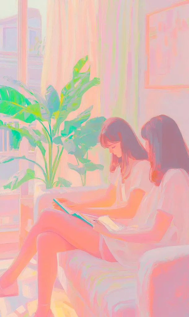 Two young women sit on a couch in a brightly lit room. The woman on the left holds a book in her lap and looks down at it while the woman on the right looks straight ahead with her hand resting on the book. The room has a soft, pastel color palette with large windows, sheer curtains, and a potted plant. The overall atmosphere is serene and calming.  The image is created in a painterly style with soft, blurred edges.