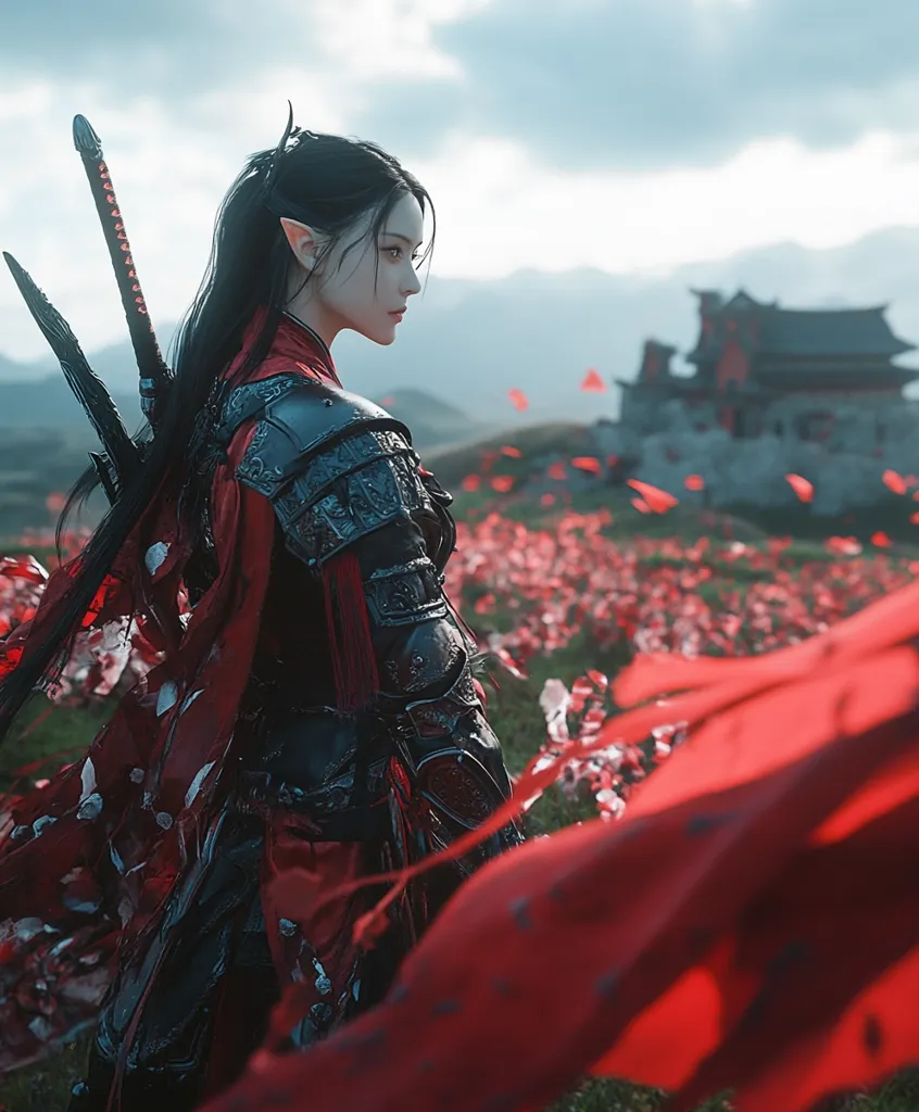 A woman in black armor and a red cape stands with a sword at her side. She has long black hair and pointed ears, and her expression is stoic. The background is a field of red flags and a distant fortress. The image is a fantasy scene, perhaps depicting a warrior in a time of war.