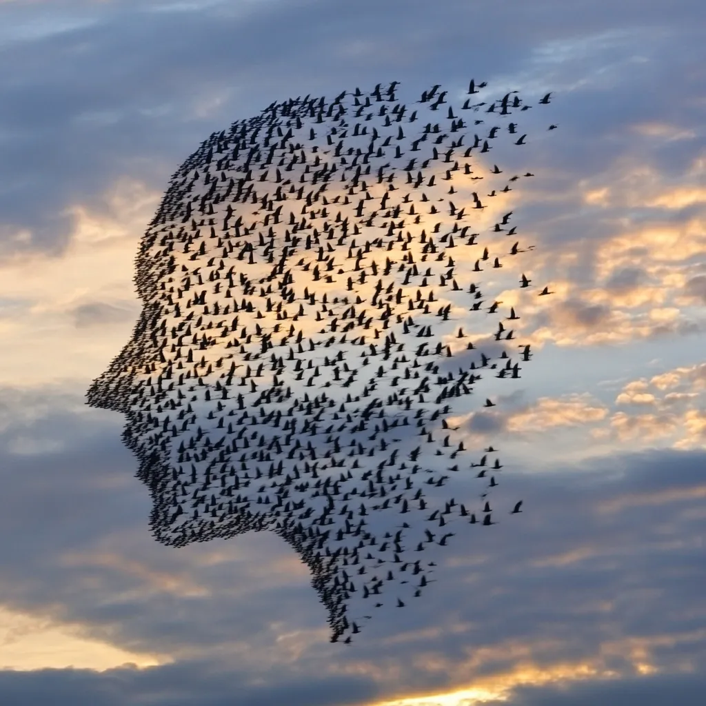 A large flock of birds fly in formation against a cloudy sky, creating the silhouette of a human face. The birds are all black and are arranged in a way that forms the shape of a person's head and shoulders, with a clear outline of the profile. The background is a soft blend of pastel pink, orange and blue hues.