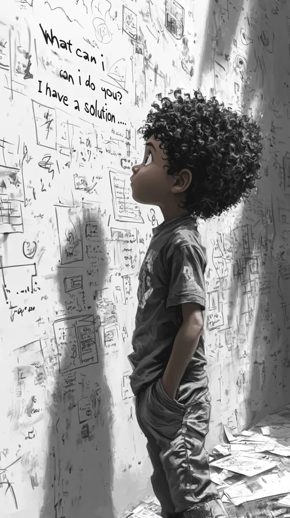 A young boy with curly hair stands in front of a wall covered in scribbles. He looks up at the wall, his hand in his pocket. Above him, the words "What can I can I do you? I have a solution..." are written on the wall. The image is in black and white, creating a stark contrast between the boy and his surroundings.