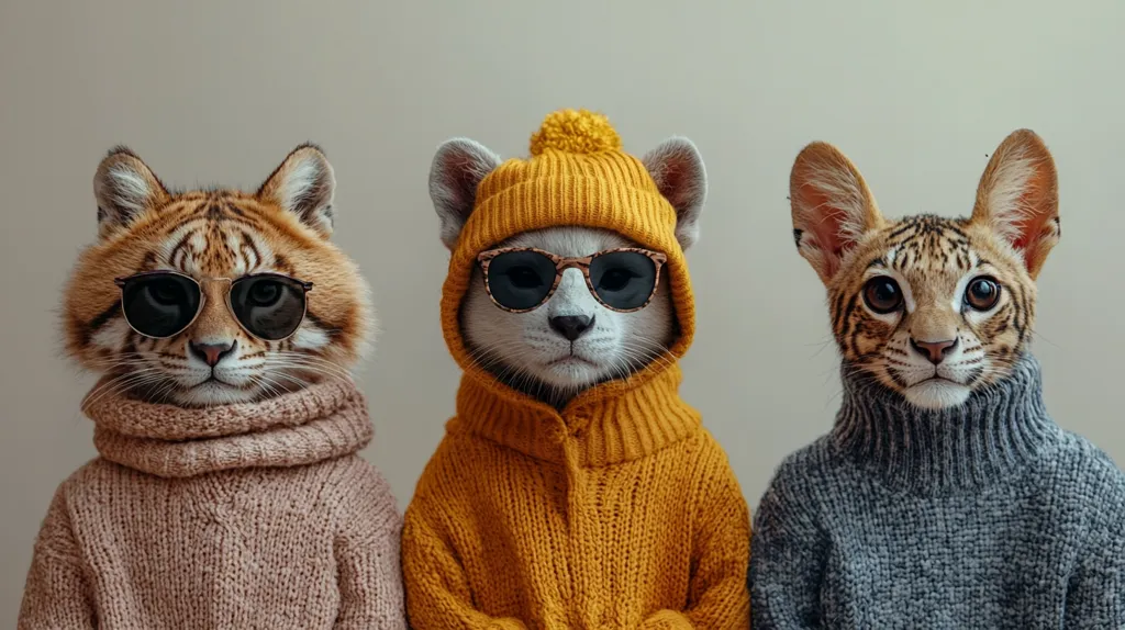 Three cats are wearing knitted sweaters. They are all looking at the camera. The cat on the left is wearing a light brown sweater and sunglasses. The cat in the middle is wearing a yellow sweater and a beanie. The cat on the right is wearing a grey sweater. They all look very stylish and cozy.