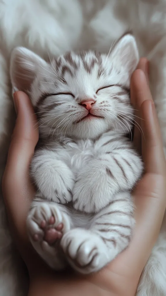 A small, white kitten with grey stripes is held in a person's hand. The kitten is curled up and sleeping with its eyes closed. The kitten is very fluffy and has pink paws. The background is soft and fuzzy. The photo captures the cuteness of the kitten and the tenderness of the person holding it.  The kitten's peaceful expression suggests a sense of contentment.