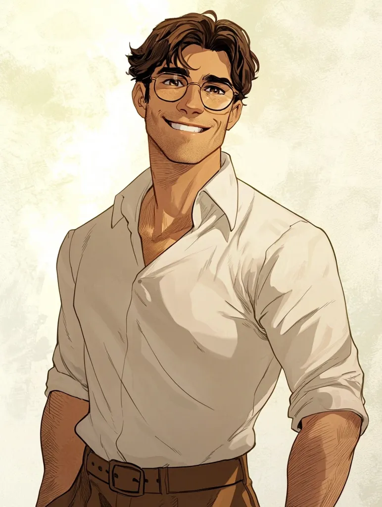 The image shows a cartoon illustration of a man with brown hair wearing a white shirt and brown pants. He has a warm smile and is wearing glasses. He is standing against a light brown background and looking at the viewer. The illustration is in a cartoon style with a focus on detail and realism.  The image evokes a sense of warmth and approachability.