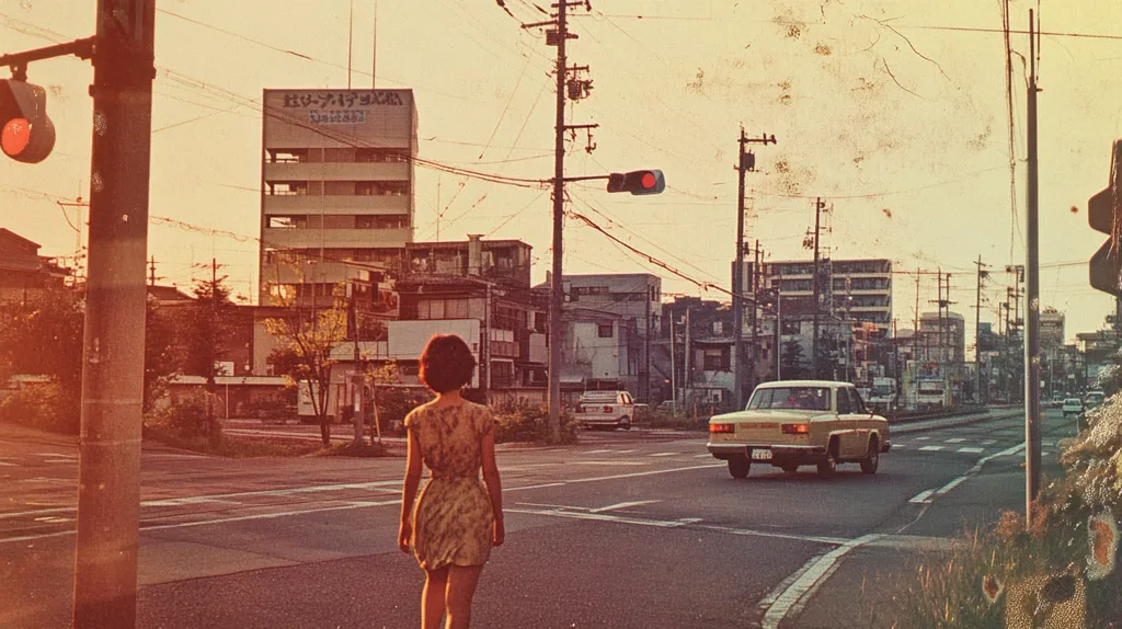 A woman in a floral dress walks down a street in a Japanese city. The photo was taken at a crossroads with a red light. The street is lined with buildings, and there are power lines overhead. The sky is a warm orange color, suggesting sunset. The overall image has a vintage, nostalgic feel.