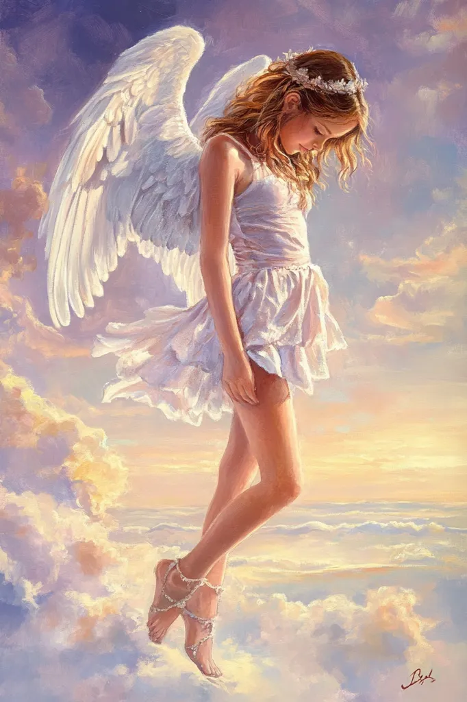 A painting depicts an angel, with long blonde hair adorned with a flower crown,  wearing a flowing white dress and feathered wings. She gracefully walks on fluffy clouds against a backdrop of a soft, ethereal sunset. The colors are soft and dreamy, giving a sense of peace and tranquility.  A faint glimmering effect enhances the magical aura of the scene.