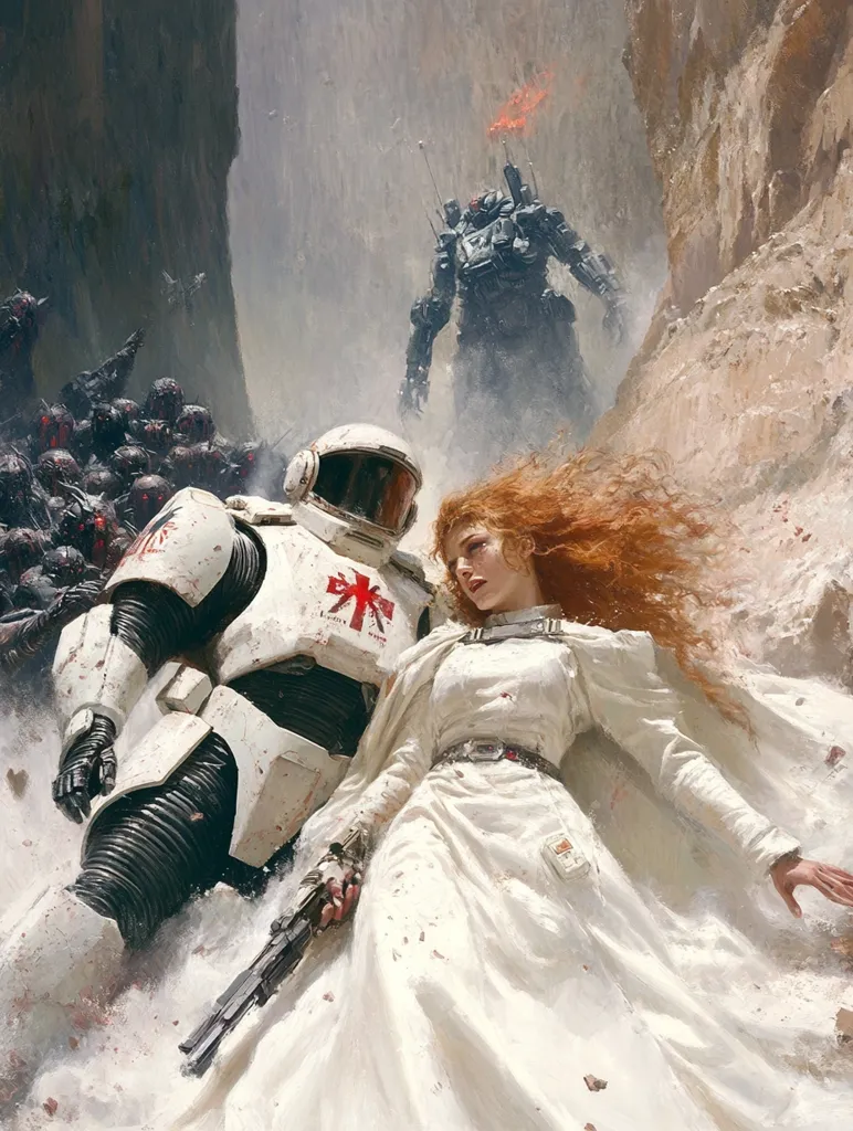 A woman in a white dress lies on the ground with a white armored soldier beside her. She has red hair and is clutching a gun in her hand. The soldier appears to be wounded, with red splatters on his armor. A large mechanical figure stands in the background, partially obscured by dust. The scene is set in a desolate, rocky landscape with a faint red glow in the sky.  The image suggests a battle scene and evokes a sense of desperation and loss.