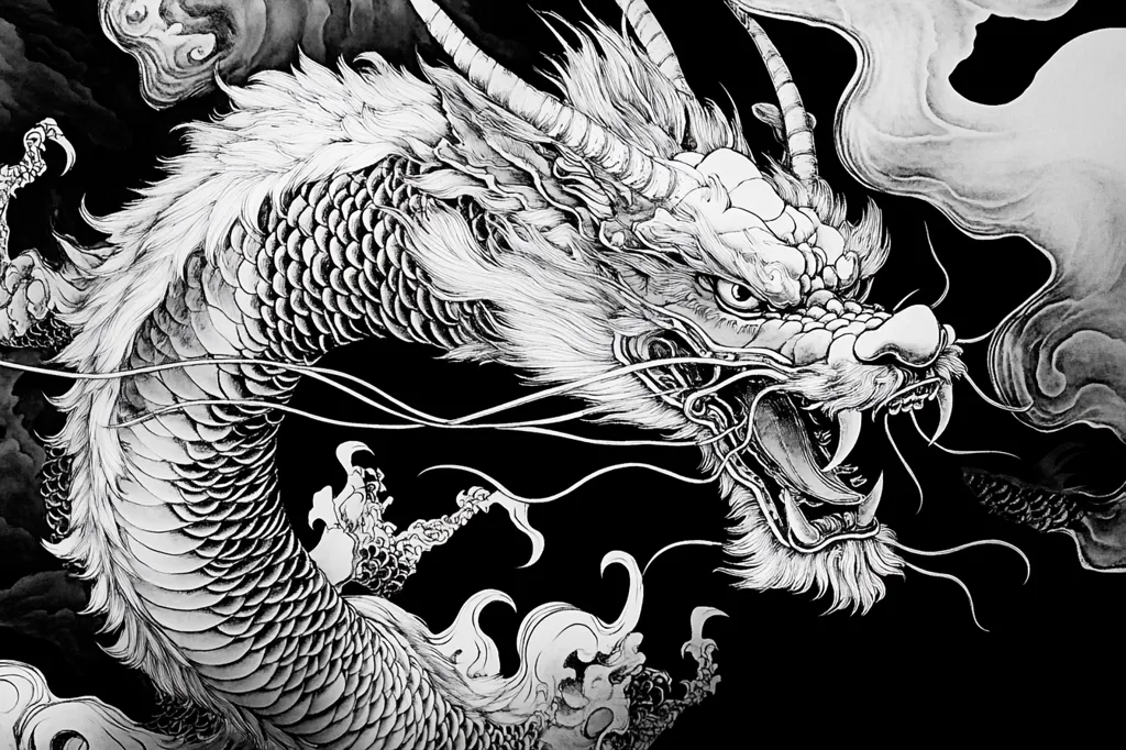 A detailed black and white illustration of a dragon in profile. The dragon's scales, whiskers, and claws are meticulously rendered. It has a fierce expression with its mouth open, revealing sharp teeth. The dragon appears to be in the midst of a cloud of smoke, adding to its mythical and powerful aura.  The intricate detail highlights the artist's skill and the cultural significance of the dragon.