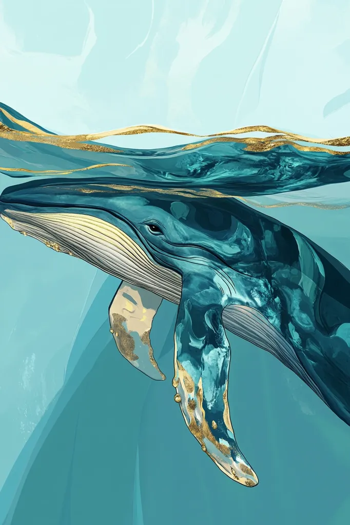 The image depicts a large whale, painted in shades of blue and green with golden accents, swimming through the ocean. The whale’s body is partially submerged, its flippers extended, and its tail disappearing into the water.  The background features a blue, watercolor-like effect with hints of gold, creating a serene and dreamlike atmosphere.