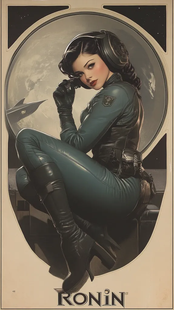 A woman with dark hair and a serious expression wears a black leather jacket and pants, and tall black boots. She has a headset on and is holding a black device. She is sitting in a futuristic spaceship with a large circular window behind her, showing a distant planet. The image has a vintage aesthetic. The title "Ronin" is displayed at the bottom of the poster.