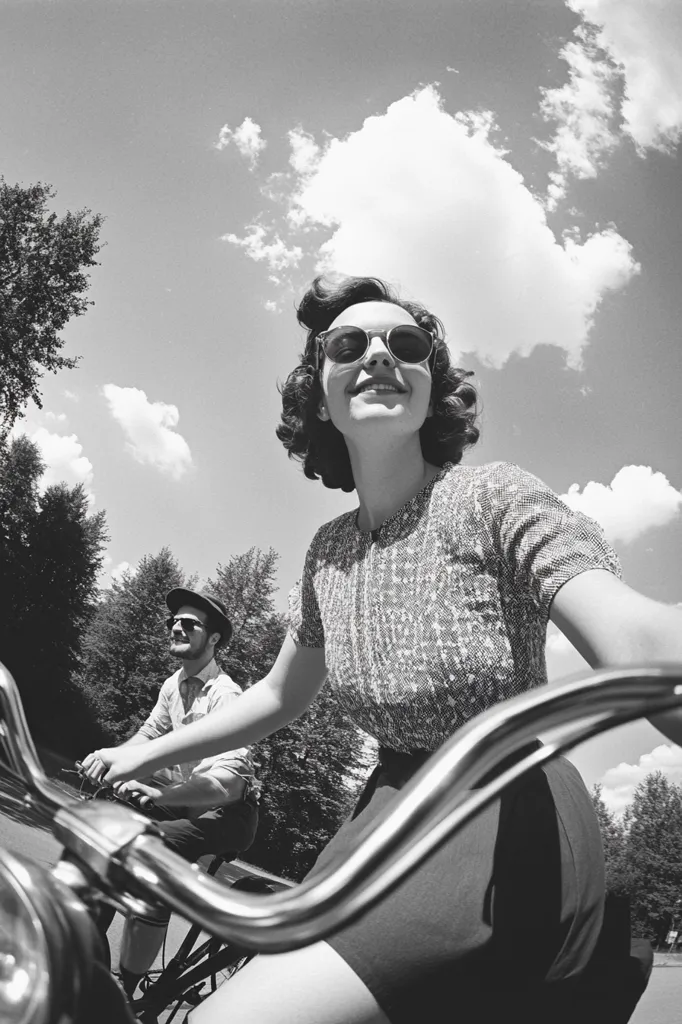 A woman in sunglasses and a patterned blouse smiles while riding a bicycle, looking up at the clouds.  She rides in front of a man also on a bicycle.  The photo is in black and white and taken from a low angle.  It has a vintage feel.