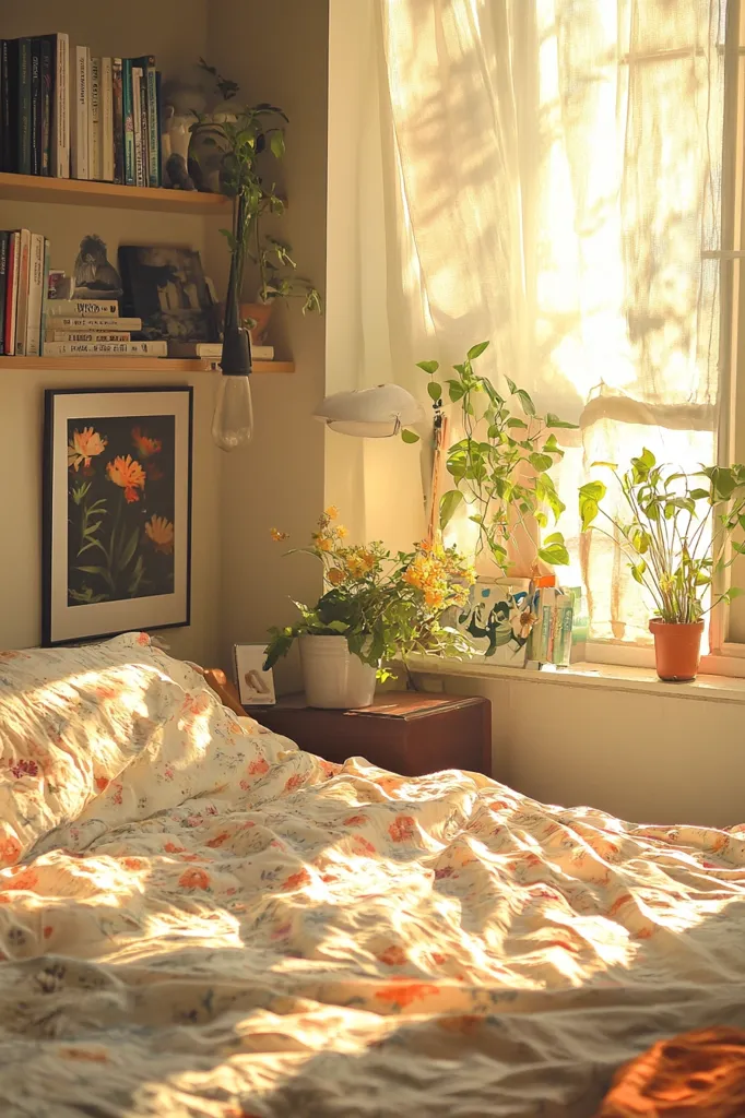 A cozy bedroom with a floral patterned duvet and pillows, bathed in warm sunlight streaming through a window with sheer curtains. The room is decorated with plants, books, and a framed botanical print. It has a simple, homey, and inviting atmosphere.