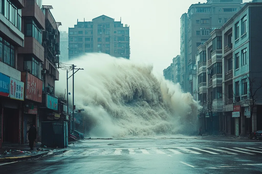 A massive wave crashes into a city street, engulfing buildings and flooding the road.  The water is a churning, foamy white, and the buildings stand tall and imposing, despite the destruction.  The scene is one of chaos and devastation, but also of resilience and the raw power of nature. The image is captured from a low angle, emphasizing the vastness of the wave and the vulnerability of the city.  The perspective is slightly unsettling, with the wave seeming to threaten to engulf the viewer.